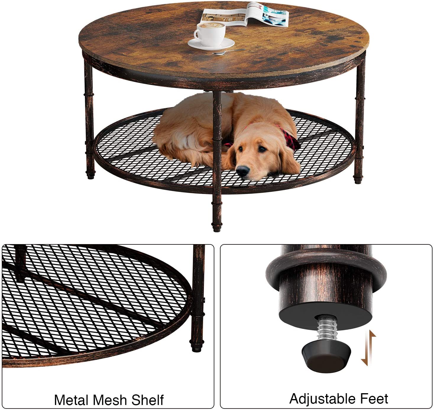 Rustic Style Vintage Design Stable Metal Frame Wood Round Coffee Table With Lower Metal Mesh Shelf Living Room Furniture