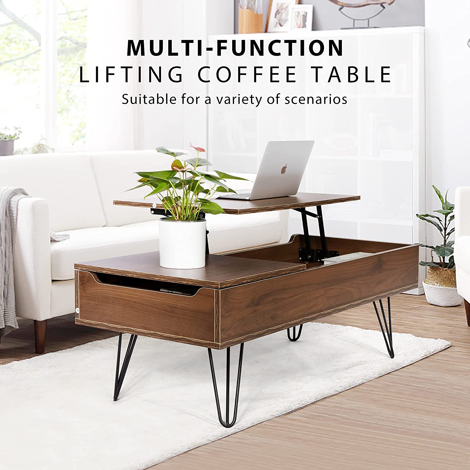 Dark Oak Lift Top Simple Coffee Table and Dining Table with Storage Function Suitable for Living Room Office Small Apartment