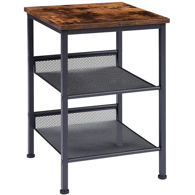 Industrial Style Nightstand Table 3 Layer Sofa Side Table With Adjustable Mesh Shelves Printer Storage Table