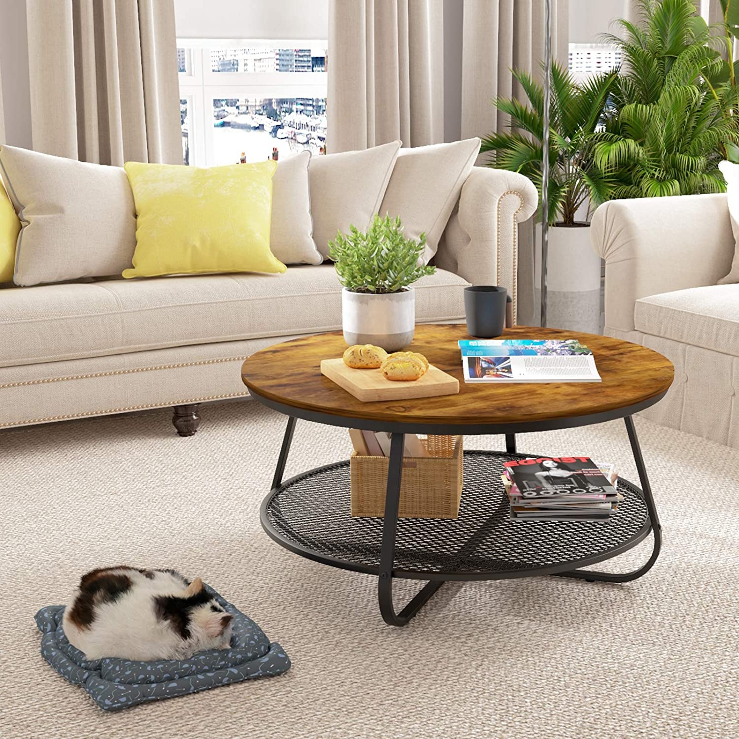 High Quanlity Luxury Style Mordern Wholesale 2 Layers Detachable Round Wooden Metal Mix Side Coffee Table Easy Assembly