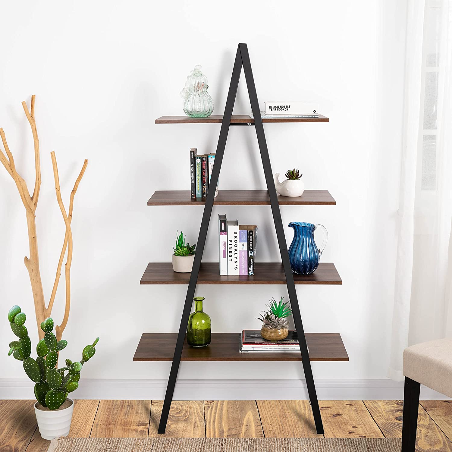 4 Tier Industrial Ladder Bookshelf Wood Metal Bookcase Modern Standing Book Shelves