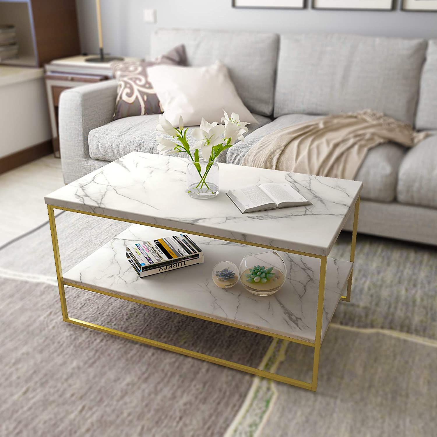 White Marble Print with Gold Metal Legs 2 Tier Living Room Square Luxury Coffee Table China Factory Low Price