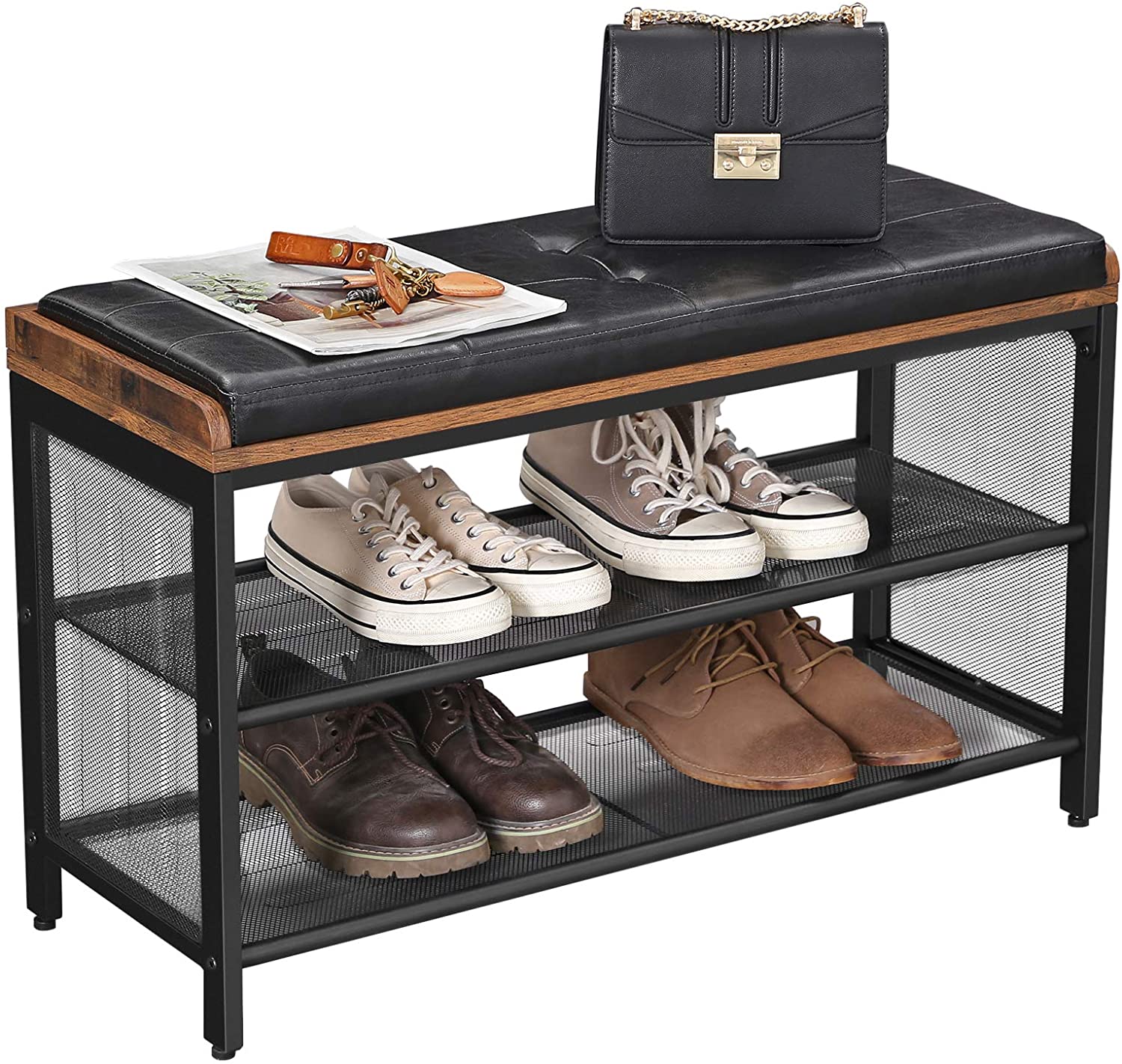 Simple Metal Wood vintage Bench Seat with Two-layer Storage For Easy Assembly casual Indoor Shoe Storage Featured Image