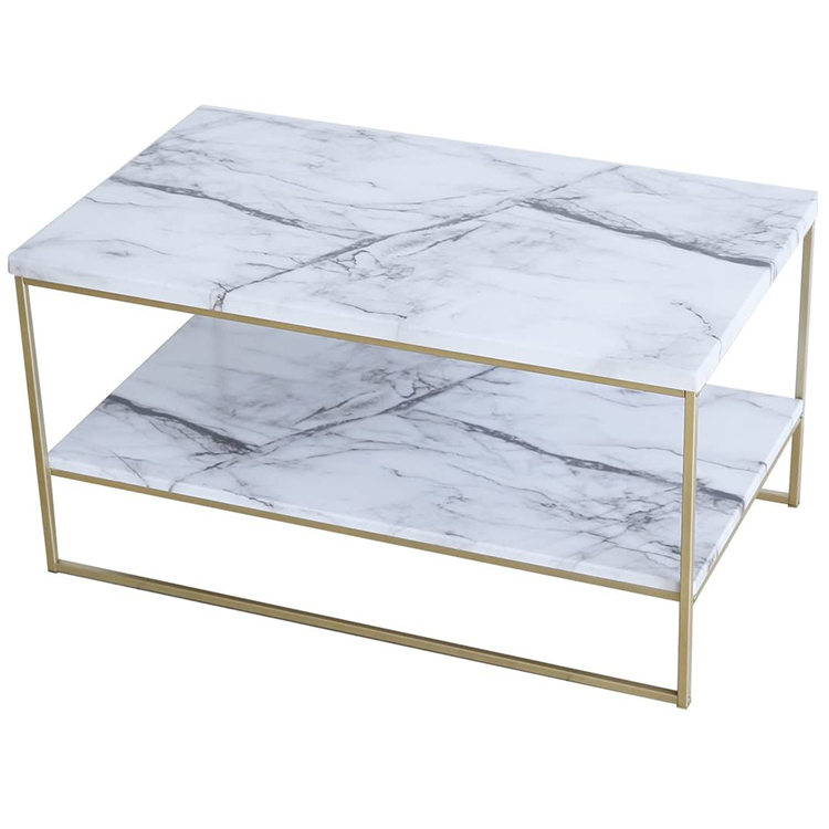 White Marble Print with Gold Metal Legs 2 Tier Living Room Square Luxury Coffee Table China Factory Low Price