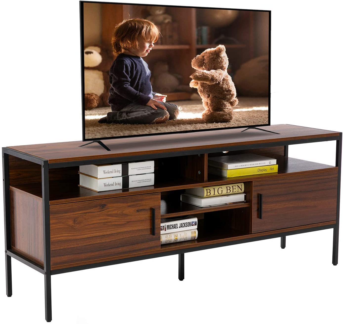 Home Wooden TV Stand for 65 Inch TV with Mental Frame with 6 Storage Shelves TV console table