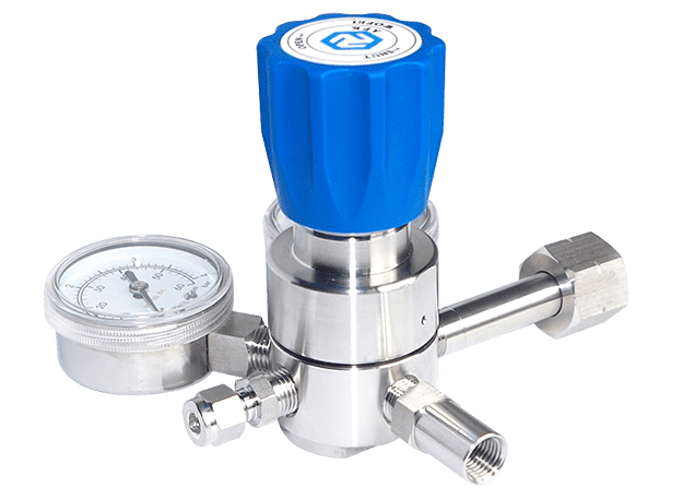 R11 Series stainless steel pressure regulator is Single-stage diaphragm, vacuum structure stainless diaphragm output. It has piston pressure reducing structure, constant outlet pressure, mainly used for high input pressure, suitable for purified gas, standard gas, corrosive gas etc..