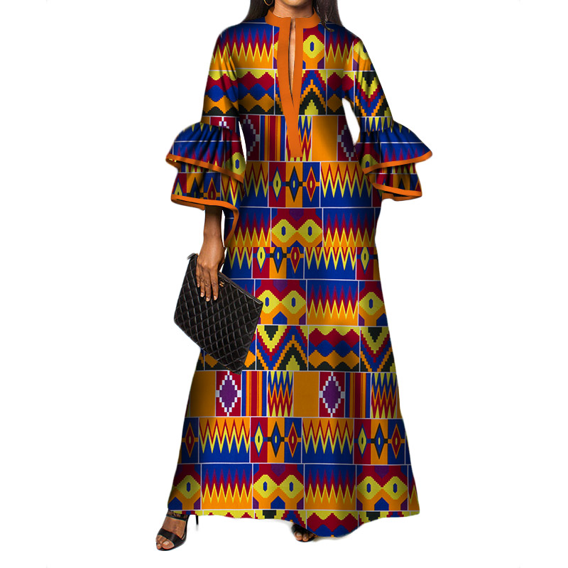 New African Print Long Dresses for Women Bazin Riche Ruffles Sleeve Dresses WY3472