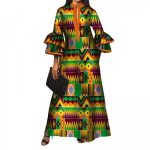 New African Print Long Dresses for Women Bazin Riche Ruffles Sleeve Dresses WY3472