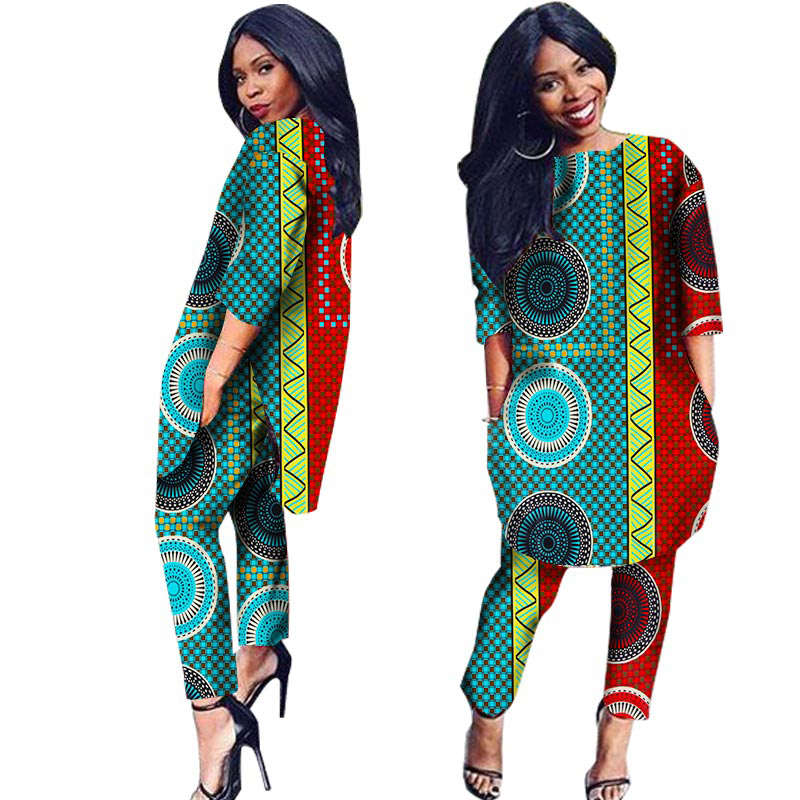 African Clothes Two Pieces Set Women Shirt Dress and Long Pants with Pocket Plus Size WY1091 Featured Image