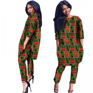 African Clothes Two Pieces Set Women Shirt Dress and Long Pants with Pocket Plus Size WY1091