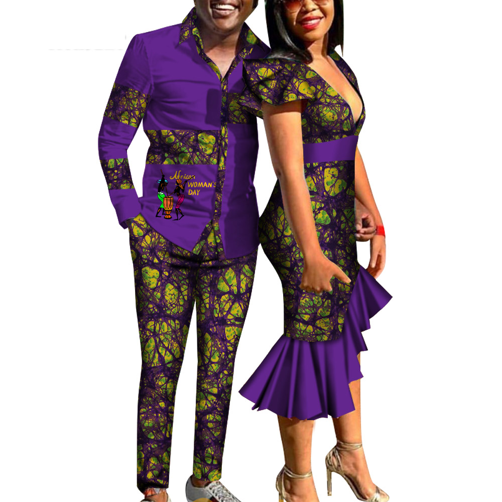 African Print Clothes for Couple Dashiki Deep V Tight Mermaid Dress and Men Shirt Pant Set WYQ454 Featured Image