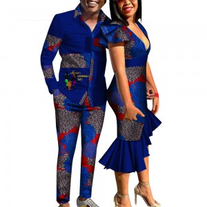 African Print Clothes for Couple Dashiki Deep V Tight Mermaid Dress and Men Shirt Pant Set WYQ454