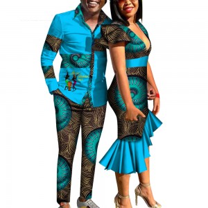 African Print Clothes for Couple Dashiki Deep V Tight Mermaid Dress and Men Shirt Pant Set WYQ454