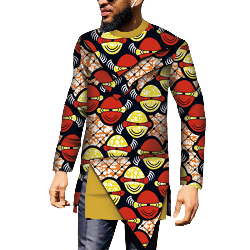African Clothes Men Long Sleeve Patchwork Shirts Bazin Riche African Design Clothing WYN889 Featured Image