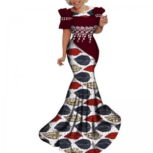 Fashion African Dress Women Long Party print with White Pearl Lace Flower WY284
