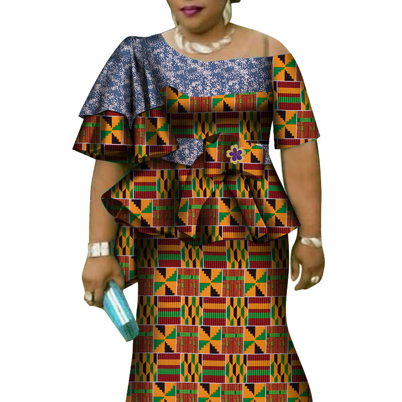 African Ruffles Sleeve Print Tops and Skirt Sets for Women Bazin Riche WY4392 Featured Image