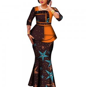 2 Pcs Women Skirt Set African Clothes for Women African Print Long Sleeve Blouse and Skirt WY6592