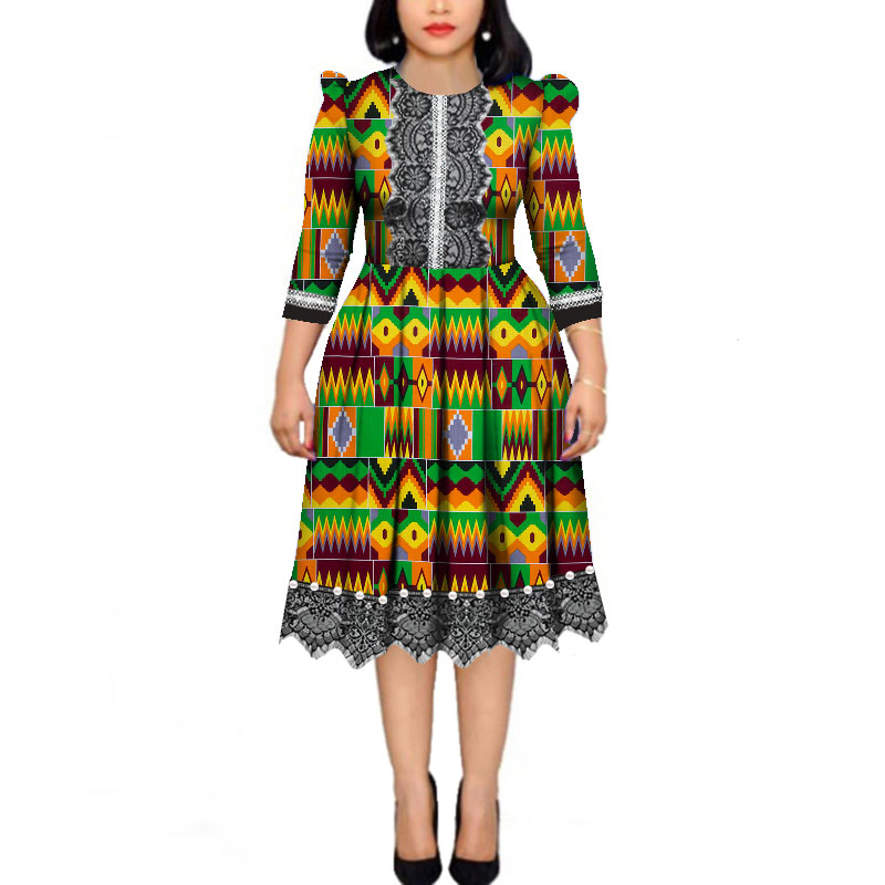 African Pearls Bazin Riche Wax Print Patchwork Dresses Dashiki African Style Long Sleeve Dresses WY4339 Featured Image