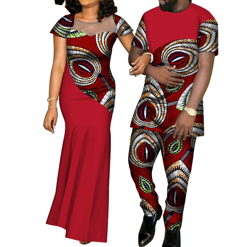 African Lover Couples Clothes Print for Women Bazin Mens Shirt and Pants Sets Yarn Dress with WYQ126
