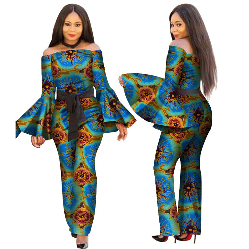High Quality for Male African Wear - African Print Women Jumpsuit for Slash-Neck Long Horn Sleeve Sexy Romper Wide Leg Pants WY2634 – AFRICLIFE