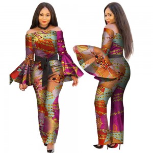 African Print Women Jumpsuit for Slash-Neck Long Horn Sleeve Sexy Romper Wide Leg Pants WY2634