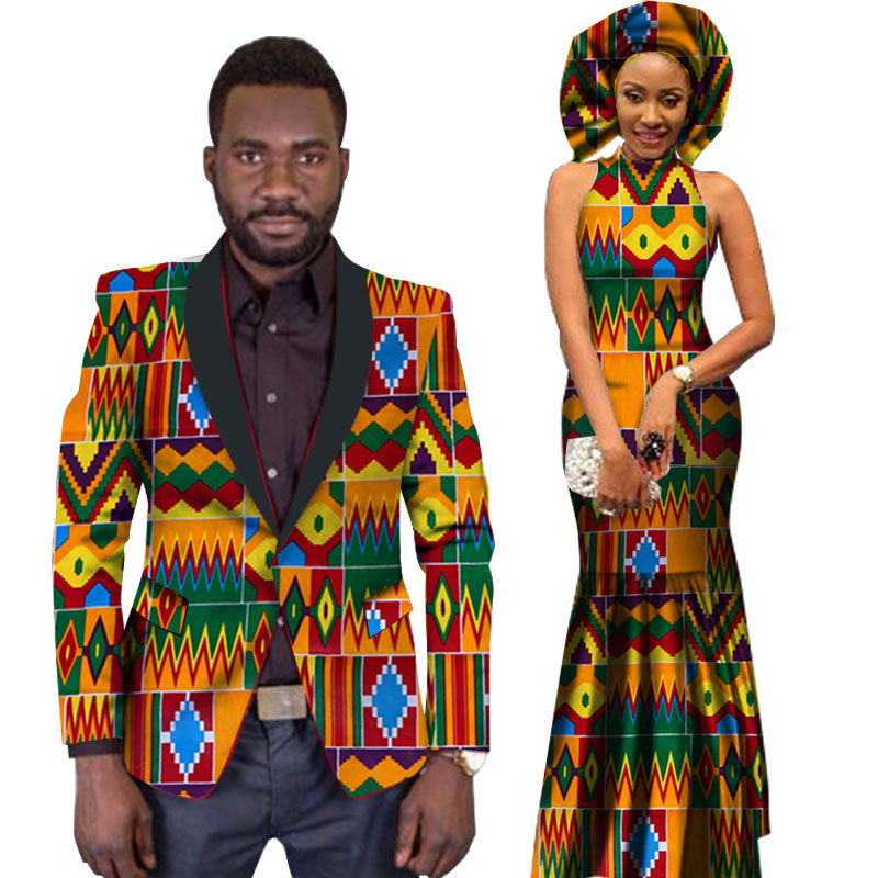African Couples Dresses for Bazin Women Maxi Dress and Mens Blazer Slim Fit Blazer WYQ50 Featured Image
