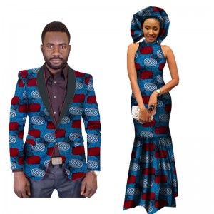 African Couples Dresses for Bazin Women Maxi Dress and Mens Blazer Slim Fit Blazer WYQ50