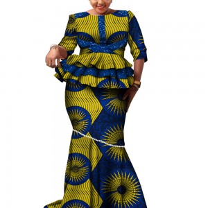 African Long Sleeves Print Tops and Skirt Sets for Women Bazin Riche 2 Pieces suits WY6113