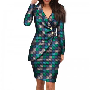 Autumn African Dresses for Women Fashion Office Style V-neck Long Sleeve Midi Dress WY4052