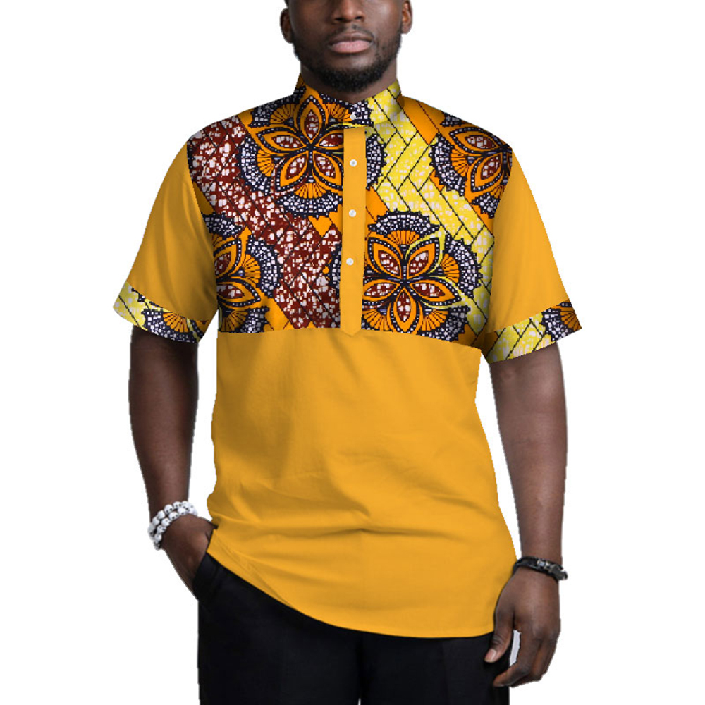 Men Short Sleeve Top Tees African Clothes for Bazin Riche Casual Mens Print Patchwork Shirts WYN781 Featured Image