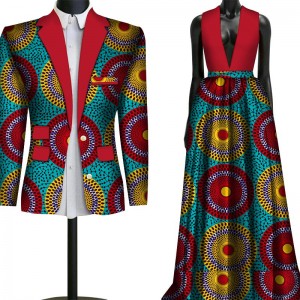 African Print Dashiki 2 Piece Set Wedding Couple Clothing for Men’s Suit Blazer Women’s Long Dress WYQ79