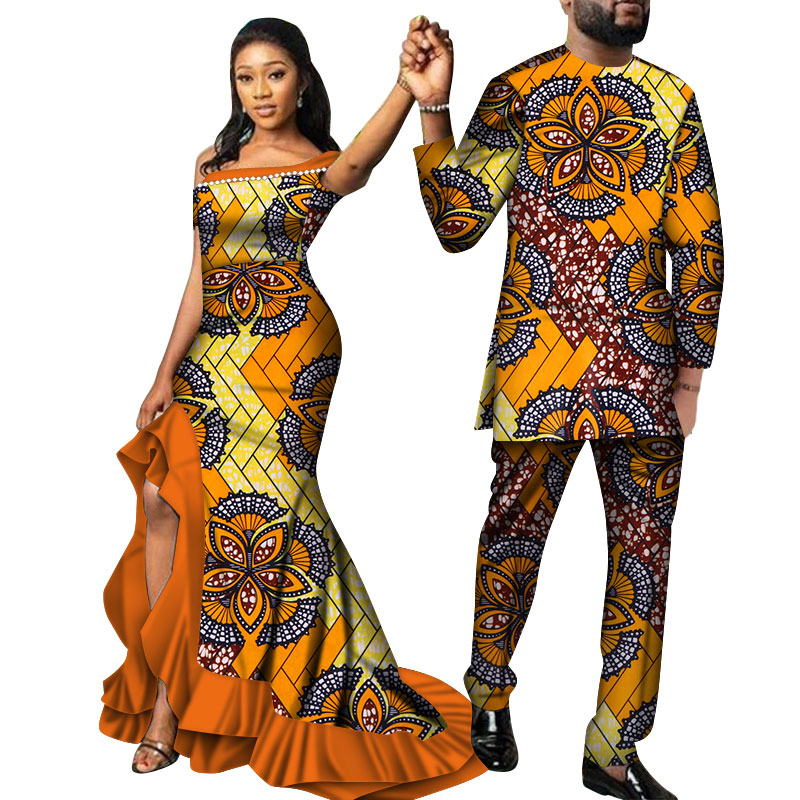 Africa Style Couples Clothing for Sweet Lovers Bazin Long Women Dress & Mens Sets Dashiki DIY Wedding Clothing WYQ564