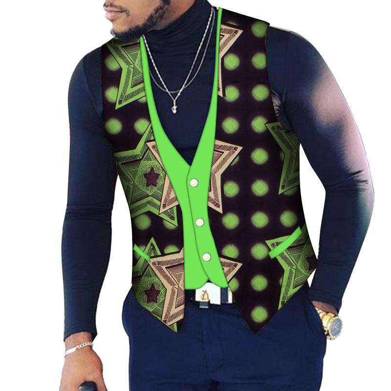 African Mens Bazin Riche Patchwork Print Top Vest for African Clothing WYN107 Featured Image