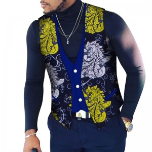 African Mens Bazin Riche Patchwork Print Top Vest for African Clothing WYN107
