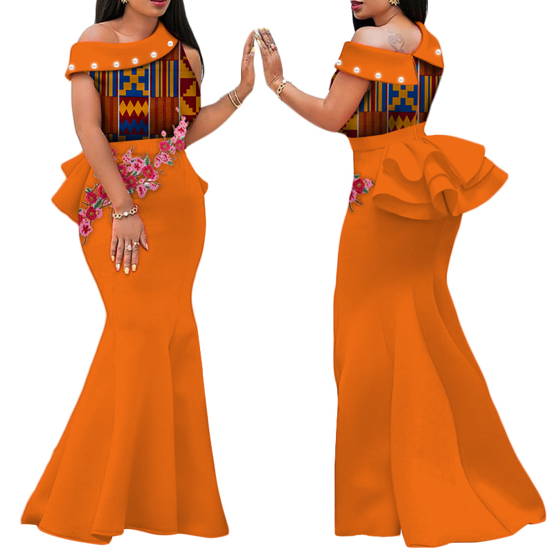 African Print Dresses Women Bazin Riche Applique Draped Long Dresses Party with WY444