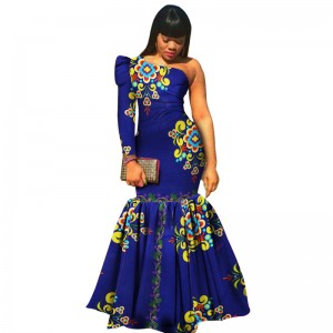 African Fabric Print Dresses One-Shoulder Sleeve Mermaid Maxi Women Dress with WY346