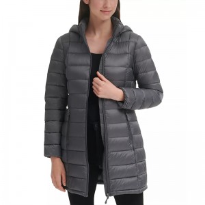 Women’s Black Contrast White Puffer Coat Hooded Packable Long Sleeve With Knit Cuffs For Wholesale