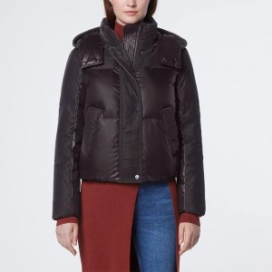 Black Women Short Down Puffer Coat 100% Polyester Long Sleeve Welt Pockets Wholesale Winter
