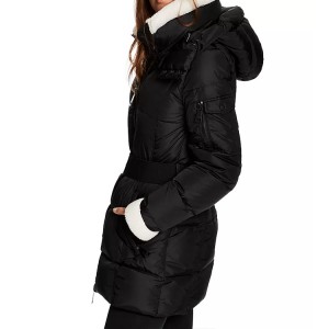 Shearling Trim Puffer Black Women Coat with Detachable Zip-off Hooded and Belt Wholesale Winter