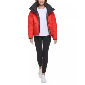 Women’s Reversible Oversized Zip-Up Puffer Jacket Red And Black Stand Collar Front Zipper New Designs
