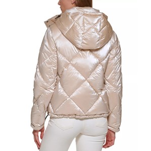Women’s Quilted Cropped Puffer Coat Adjustable Waist Zip-off Hooded Stand Collar For Wholesale