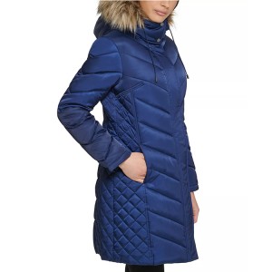 Women’s Faux-Fur-Trim Hooded Puffer Coat Long Blue Custom Own Logo For China Manufacturer