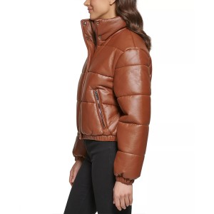 Women’s Short Puffer Coat Faux-Leather Stand Collar With Front Zipper New Fashion Tops