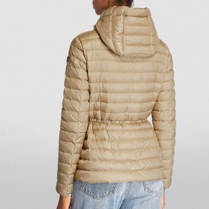 Women Wavy Quilting Down Coat Adjustable Elastic Draw-Cord Detachable Hood Funnel Collar Angled Chest And Waist Exposed Zipper Pockets