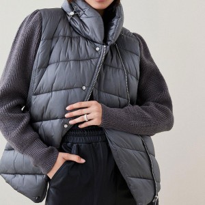 Custom Women Puffer Vest With Cinched Waist Side Zip Pockets & Internal Pockets Wraparound Hood Stand Collar Factory Wholesale Winter