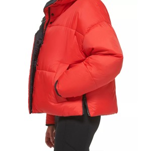 Women’s Reversible Oversized Zip-Up Puffer Jacket Red And Black Stand Collar Front Zipper New Designs