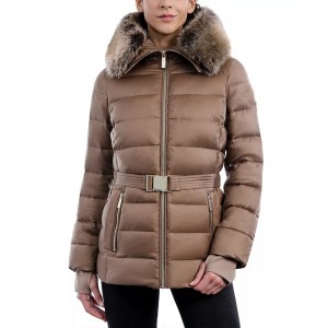 Women’s Green Removable Belted Puffer Coat Faux-Fur-Trim Hooded Long Sleeve Zip Pockets Hot Sale