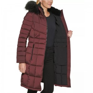 Women Long Down Filled Coat Faux Fur Trimming Hood Heavyweight Zipper Pockets Wholesale Winter