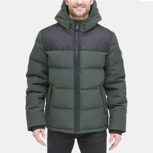 Men’s contrast color Puffer Coat with adjustable drawstring hood for wholesale