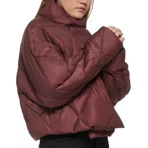Women’s Zip-Front Puff Jacket Claret Color Stand Collar Long Sleeve 100% Polyester